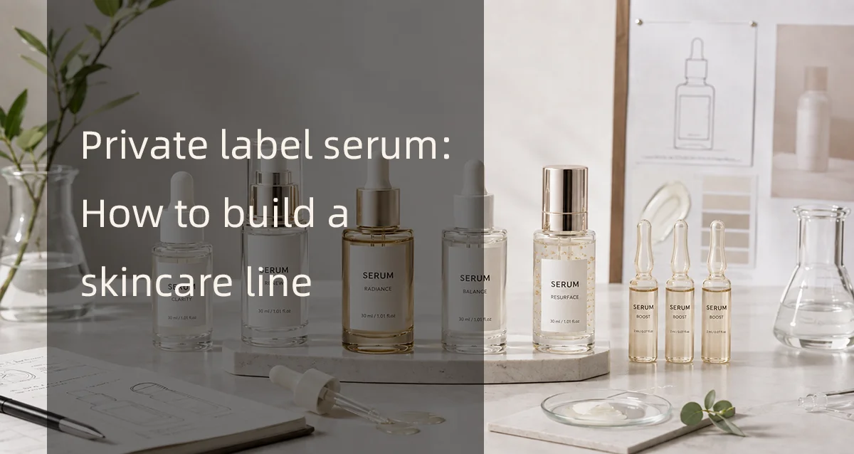 A set of private label skincare serums and ampoules on a marble surface with text overlay reading 'Private label serum: How to build a skincare line'.